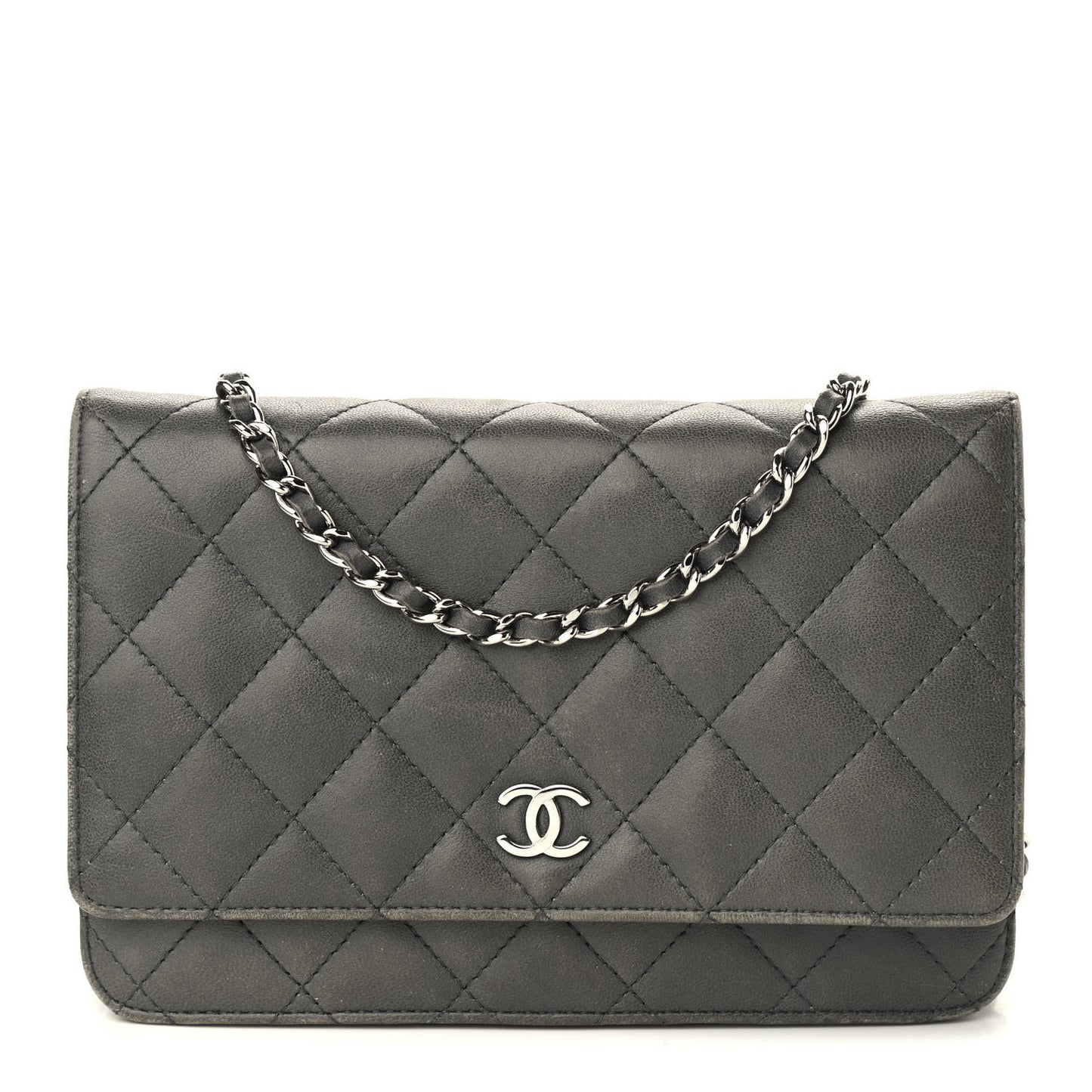 Iridescent Lambskin Quilted Wallet On Chain WOC Grey