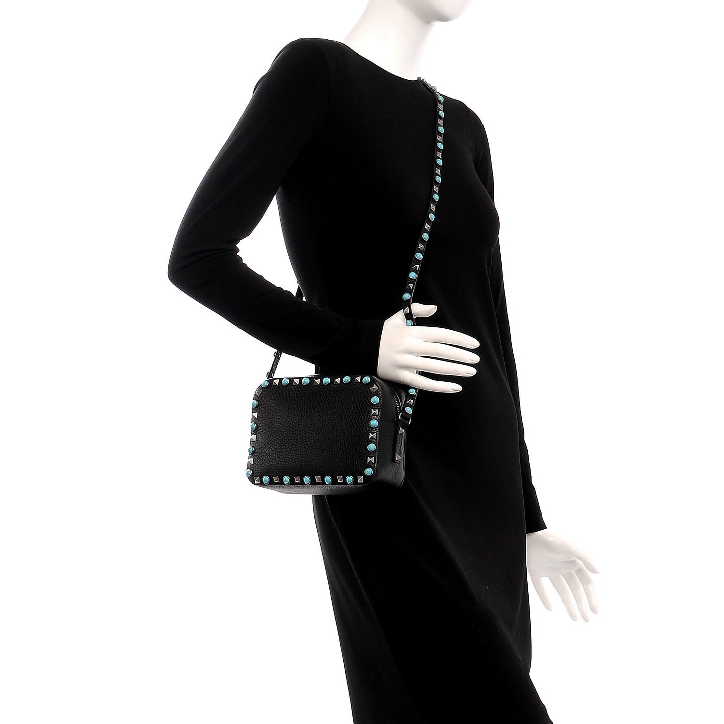 Grained Calfskin Turquoise Rockstud Rolling Camera Crossbody Bag Black