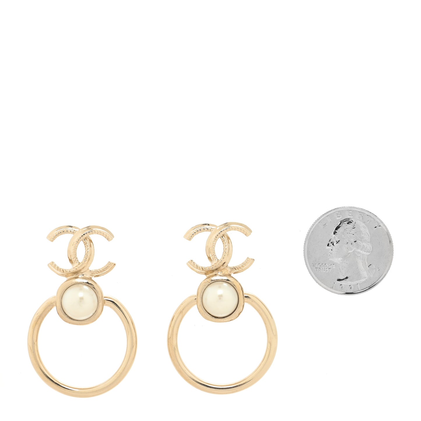 Metal Pearl CC Hoop Drop Earrings Gold