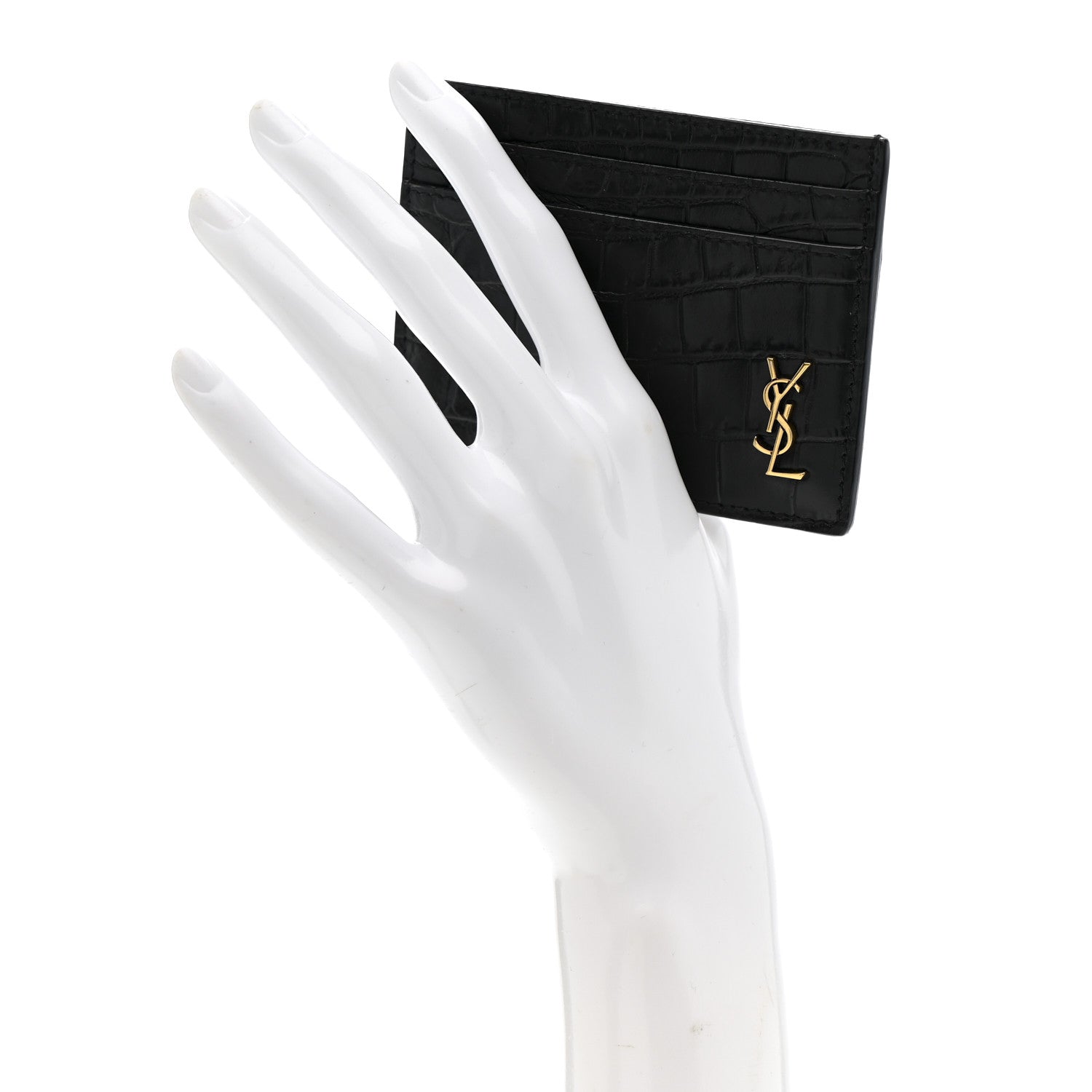 Saint Laurent Calfskin Crocodile Embossed Monogram Tiny Cassandra Credit Card Case Black 2 of 7