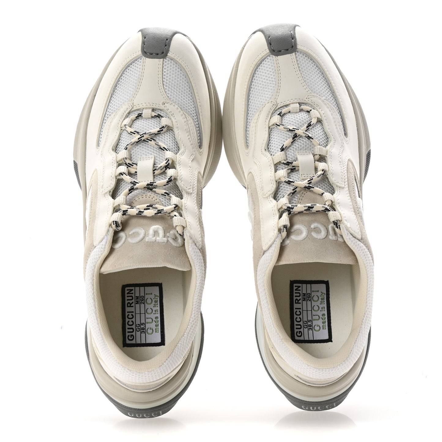 Technical Knit Fabric Suede Calfskin Womens Gucci Run Sneakers 38.5 Off White Grey