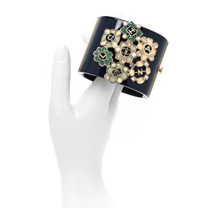 Chanel Resin Enamel Crystal Pearl Floral Logo CC Cabochon Cuff Black Multicolor 2 of 6