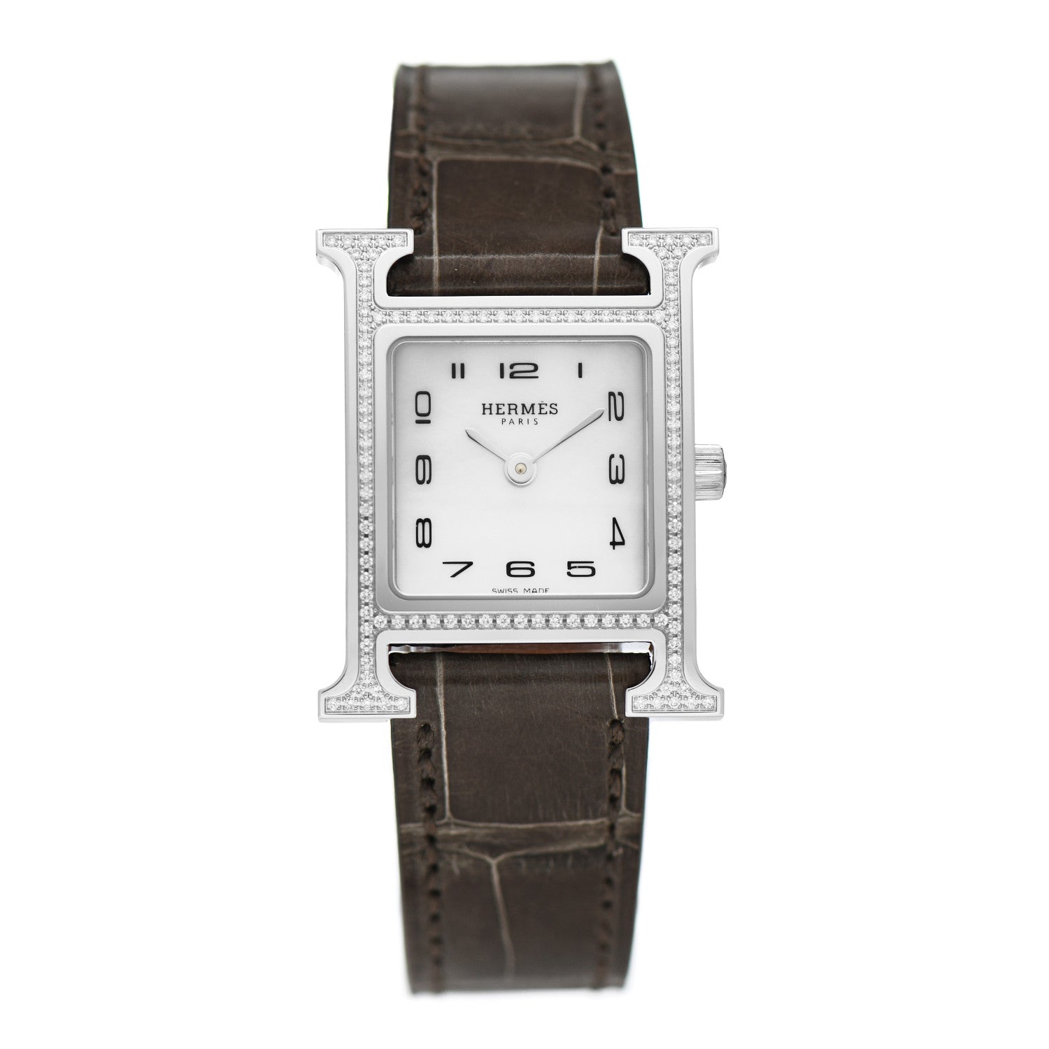 Hermes Stainless Steel Alligator Diamond Bezel Mother of Pearl 21mm Heure H Hour Quartz Watch Gris Elephant 1 of 5
