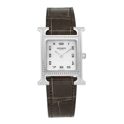 Hermes Stainless Steel Alligator Diamond Bezel Mother of Pearl 21mm Heure H Hour Quartz Watch Gris Elephant 1 of 5