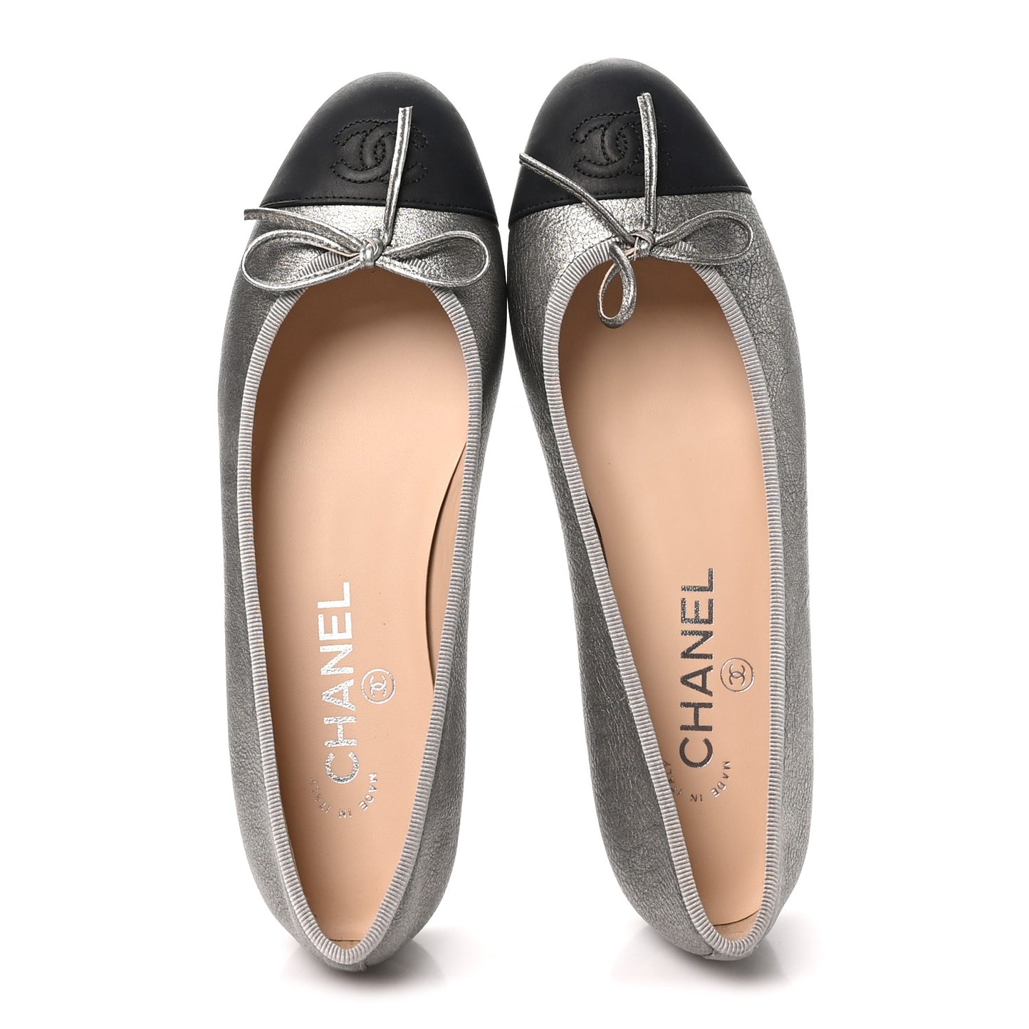 Metallic Laminated Lambskin Calfskin CC Cap Toe Ballerina Flats 37.5 Argen Black