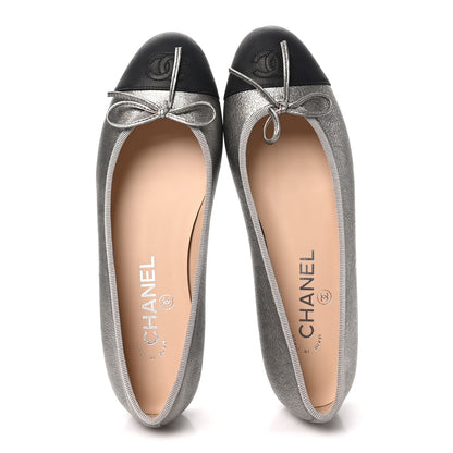 Chanel Metallic Laminated Lambskin Calfskin CC Cap Toe Ballerina Flats 37.5 Argen Black 2 of 10