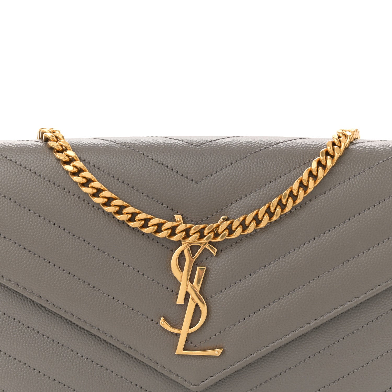 Saint Laurent Grain De Poudre Matelasse Chevron Monogram Chain Wallet Fog 8 of 10