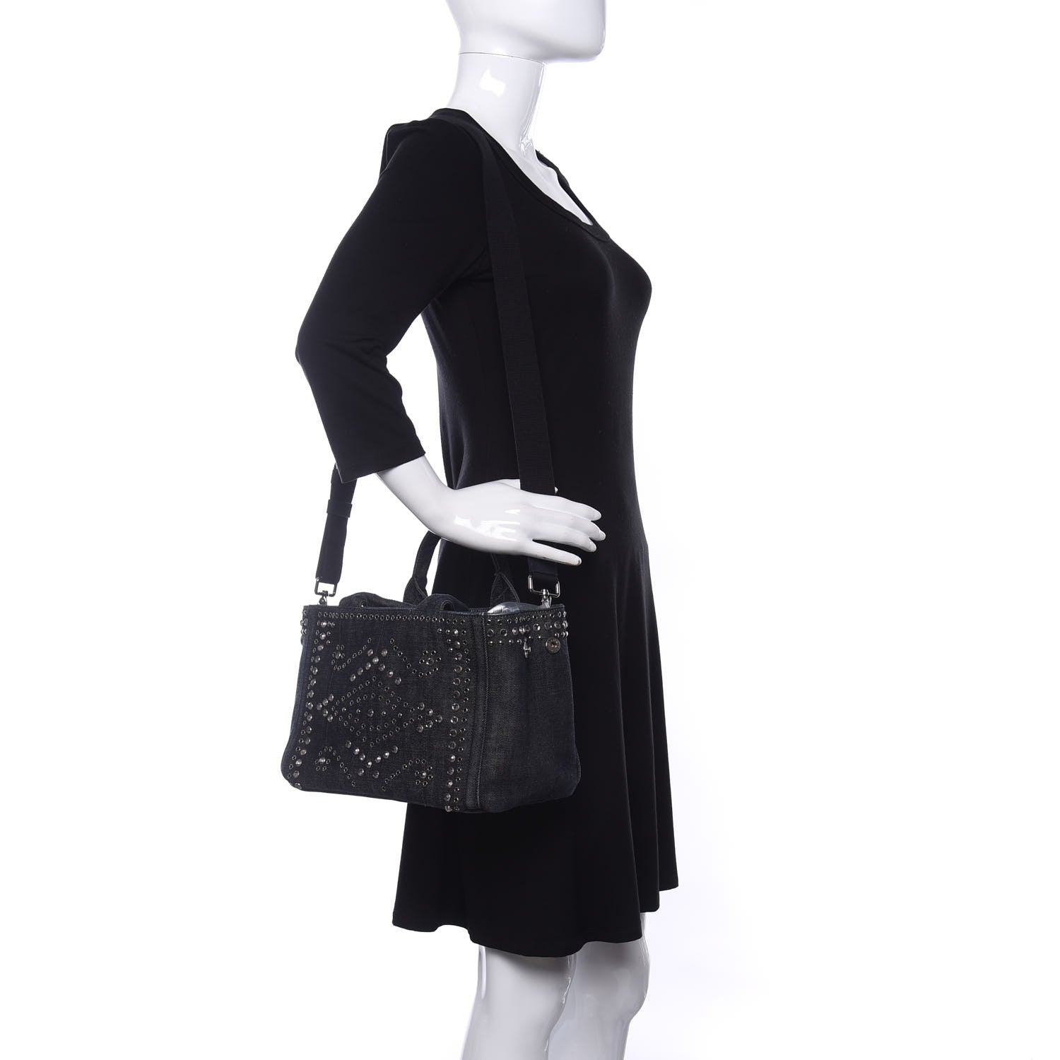 Prada Denim Crystal Studded Canapa Tote Black 2 of 9