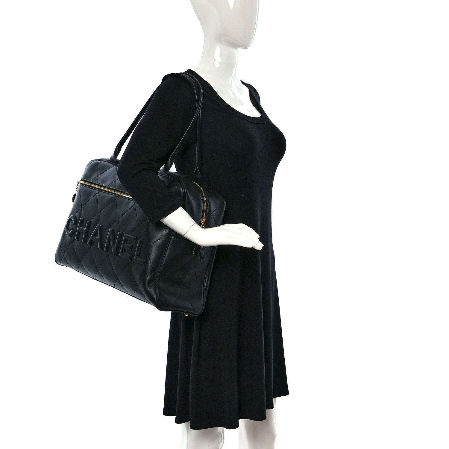Chanel Calfskin Stitched Maxi Logo Bowling Bag Black 2 of 9