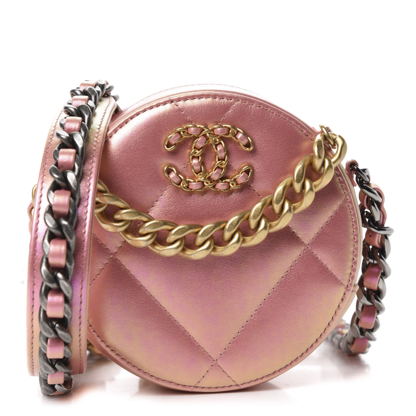 Iridescent Calfskin Quilted 19 Round Clutch With Chain Pink