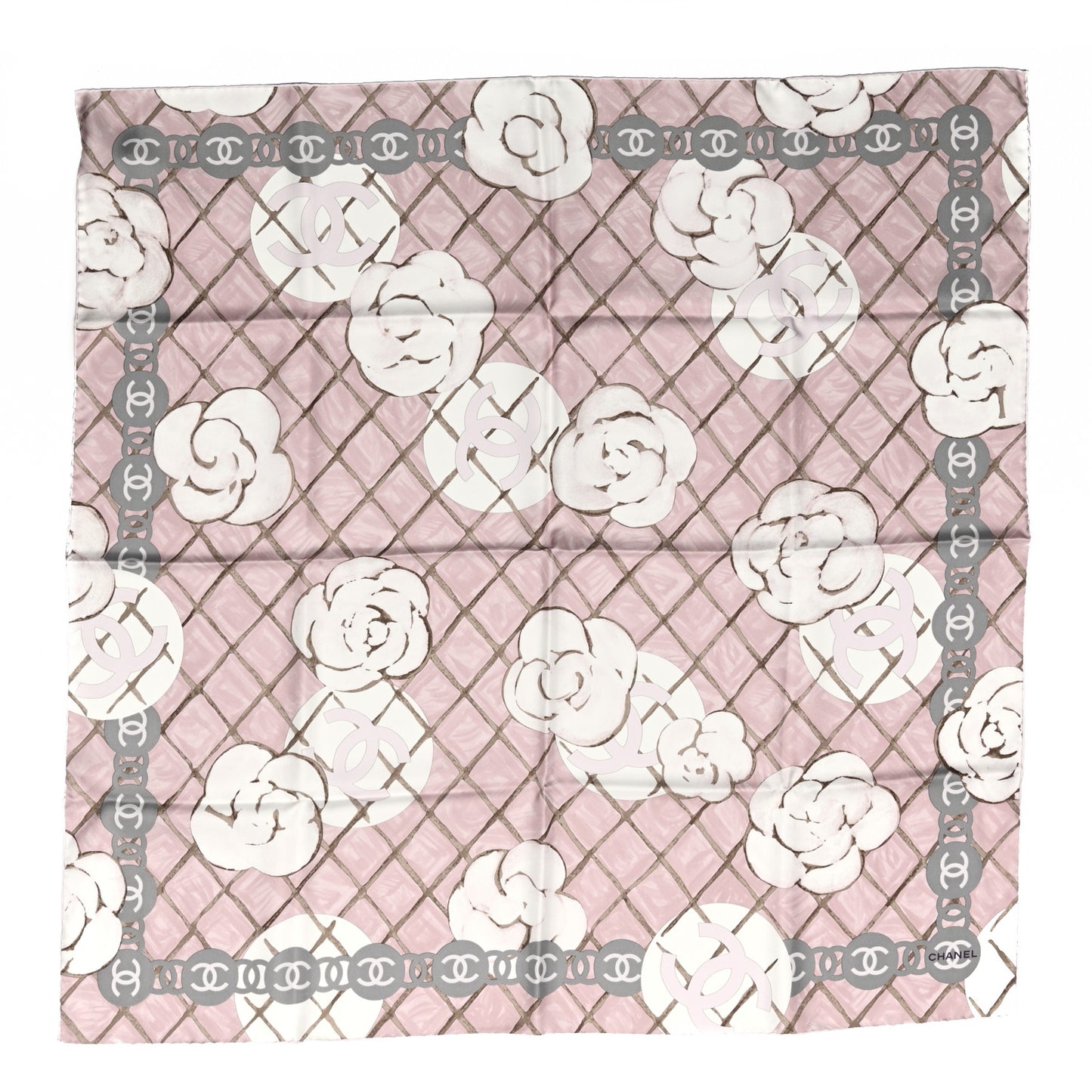 Silk CC Logo Camellia Scarf White Pink