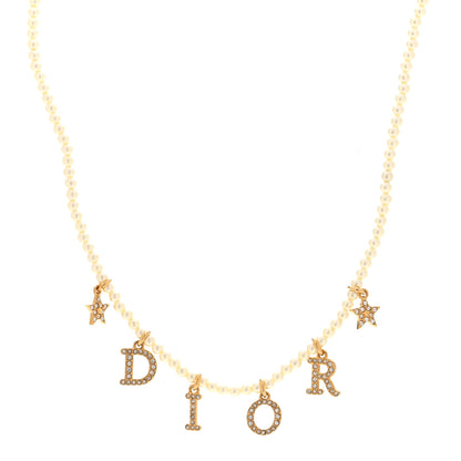 Christian Dior Pearl Crystal Star Logo Charm Necklace Gold 1 of 6