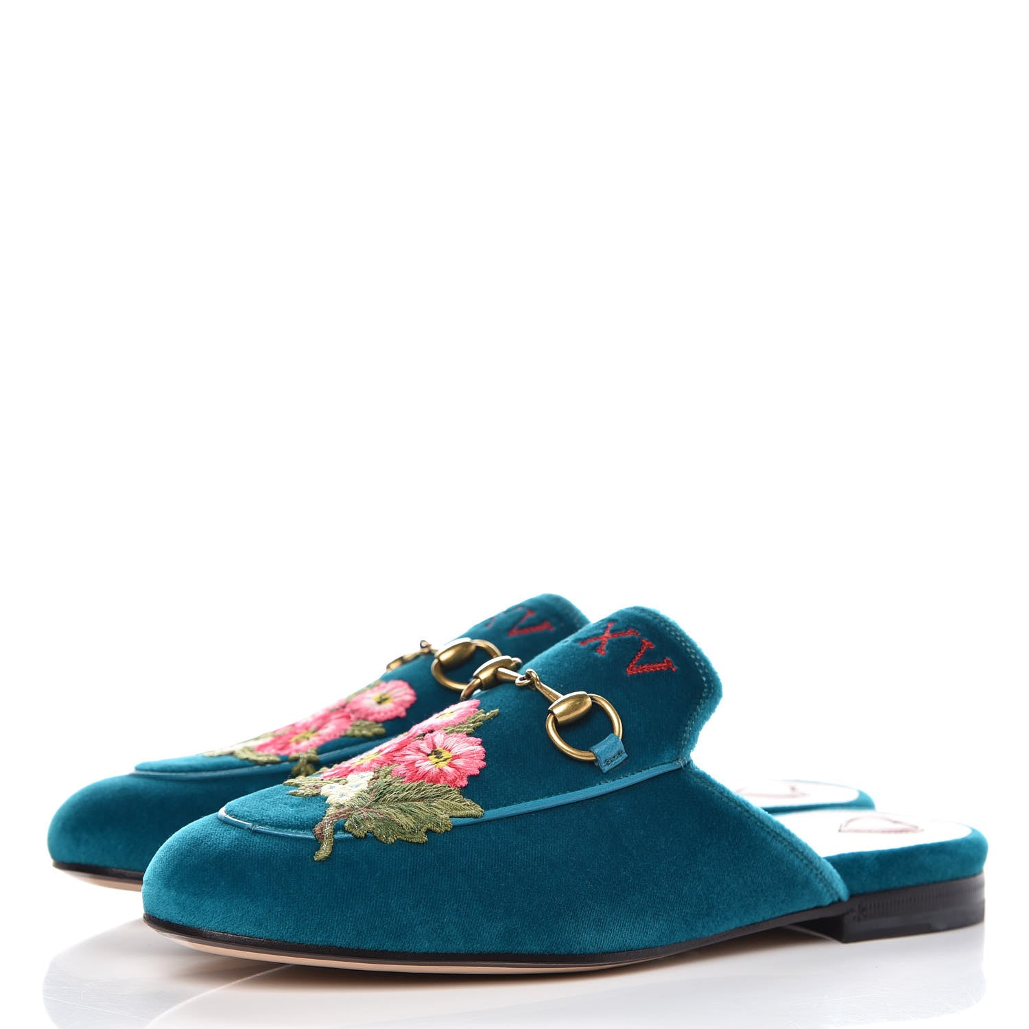 Gucci Velvet Floral Embroidered Womens Princetown Slippers 35.5 Pavone 3 of 11