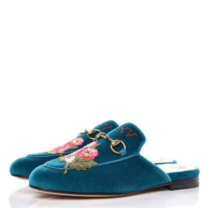 Gucci Velvet Floral Embroidered Womens Princetown Slippers 35.5 Pavone 3 of 11
