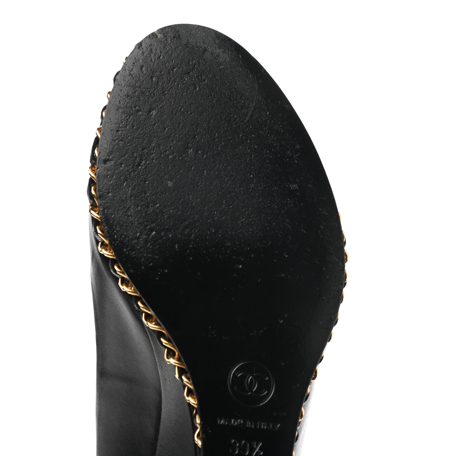 Chanel Calfskin Chain Peep Toe Wedge Pumps 39.5 Black 12 of 13