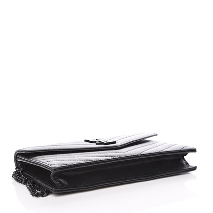 Saint Laurent Grain De Poudre Matelasse Chevron Monogram Envelope Chain Wallet Black 4 of 10