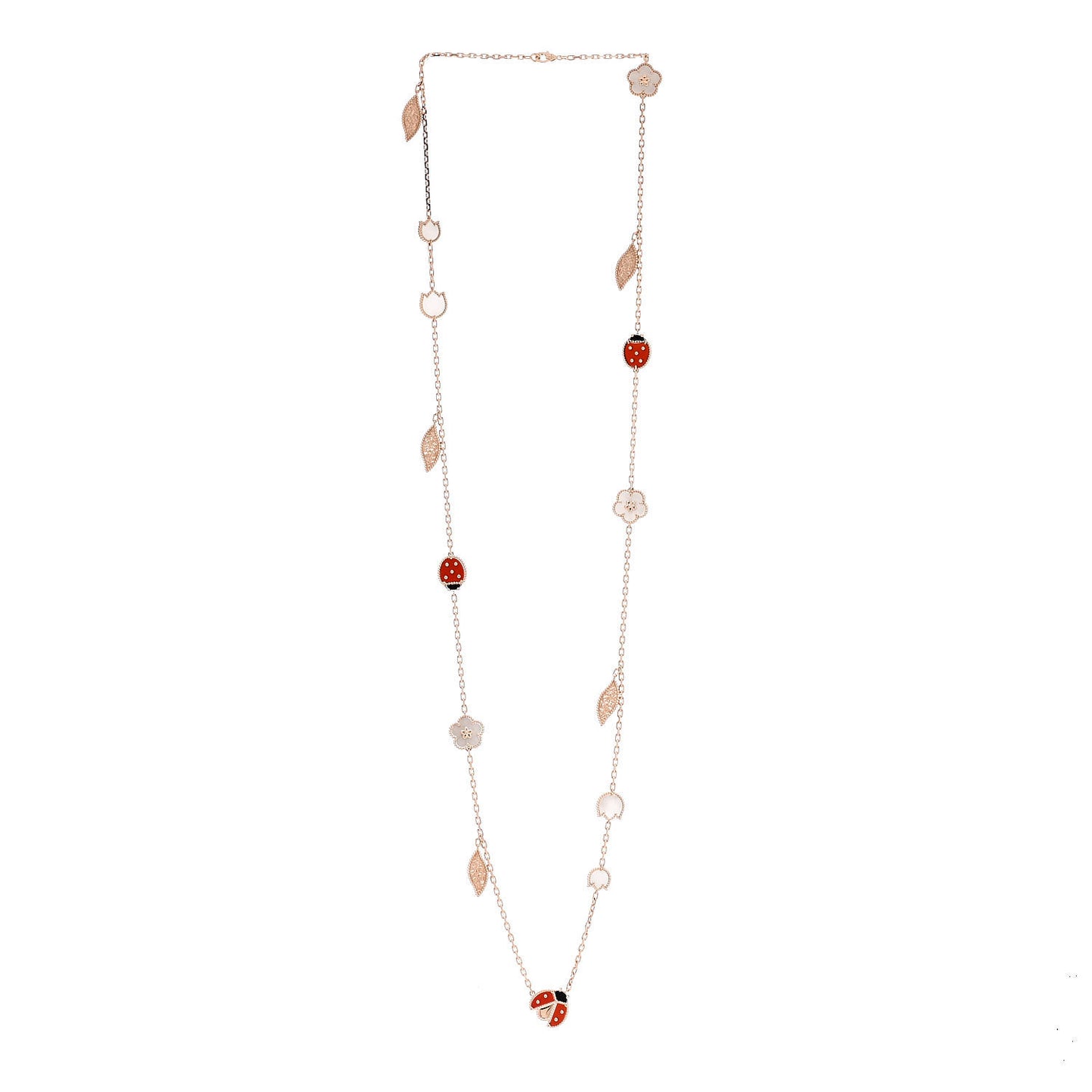 18K Rose Gold Mother of Pearl Carnelian Onyx 15 Motifs Lucky Spring Long Necklace