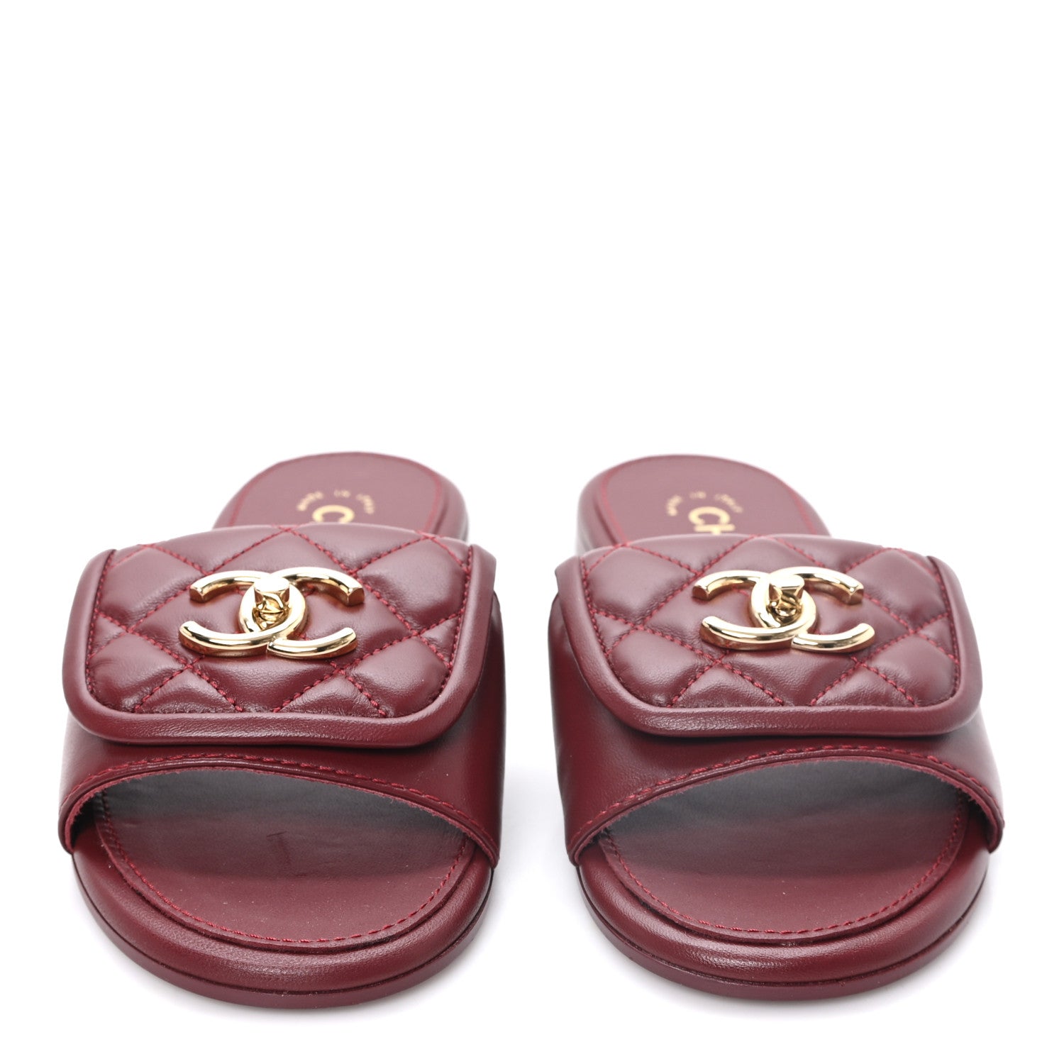 Chanel Lambskin Quilted Turnlock Flat Mules 35 Burgundy 3 of 10