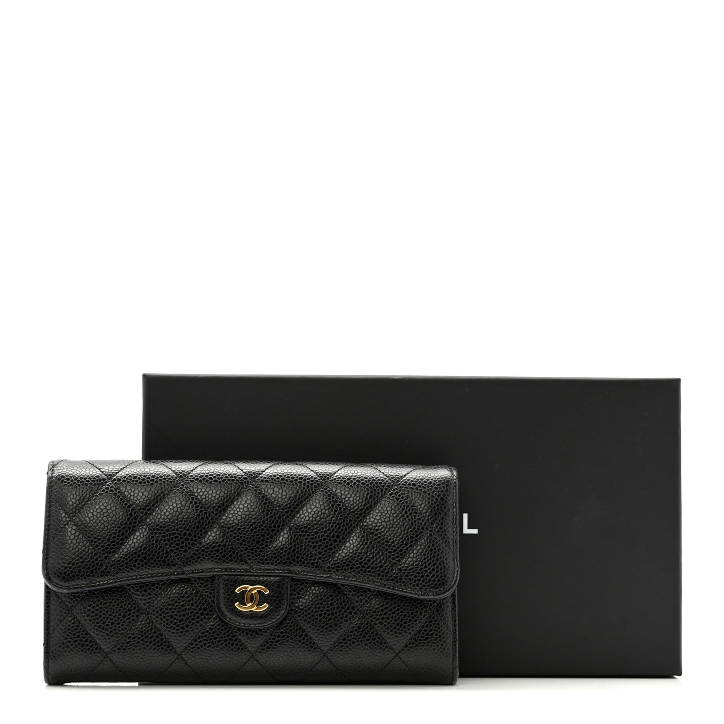 Caviar Quilted Large Gusset Flap Wallet Black