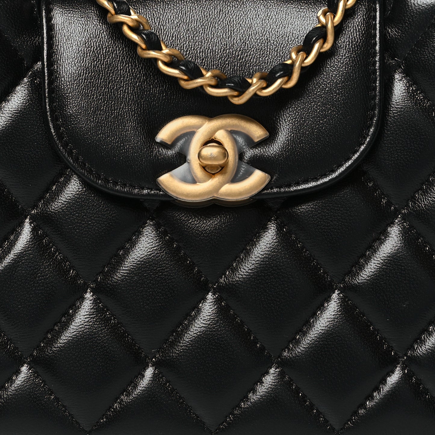 Shiny Aged Calfskin Quilted Nano Kelly Shopper Black