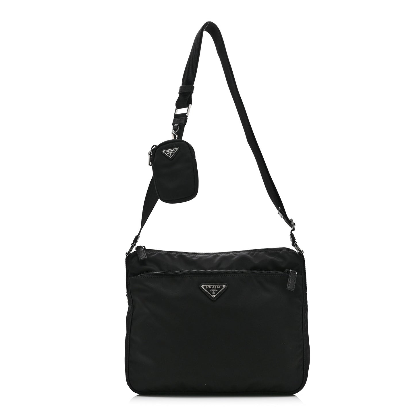 Re-Nylon Vela Saffiano Pocket Double Zip Messenger Bag Black