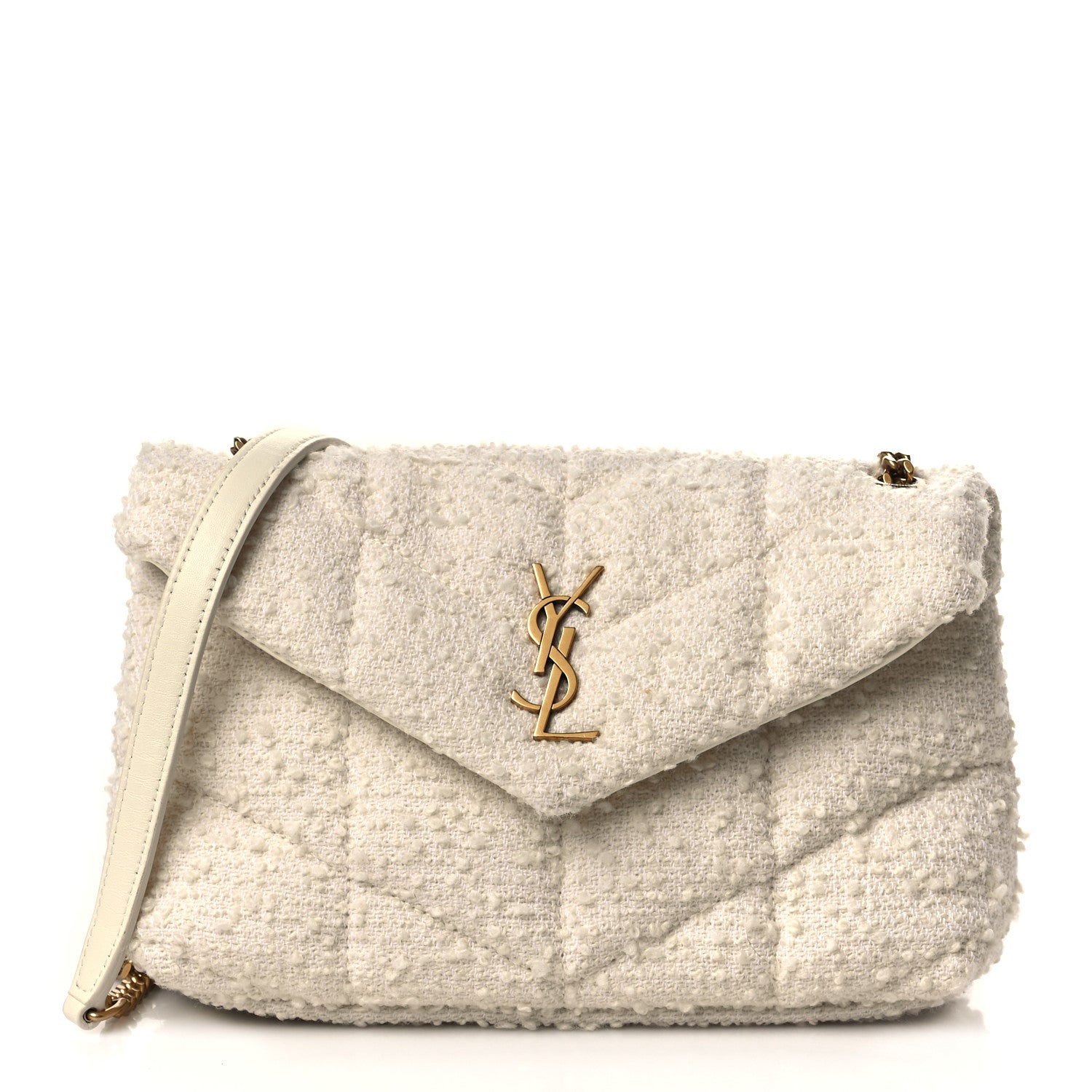 Saint Laurent Boucle Tweed Quilted Toy Loulou Puffer Monogram Chain Satchel Craie 1 of 6