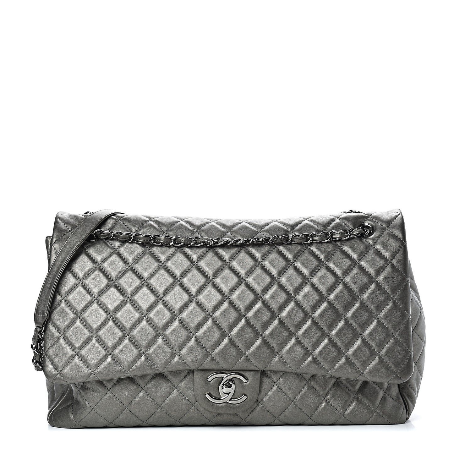 Metallic Calfskin Quilted XXL Travel Flap Bag Dark Silver