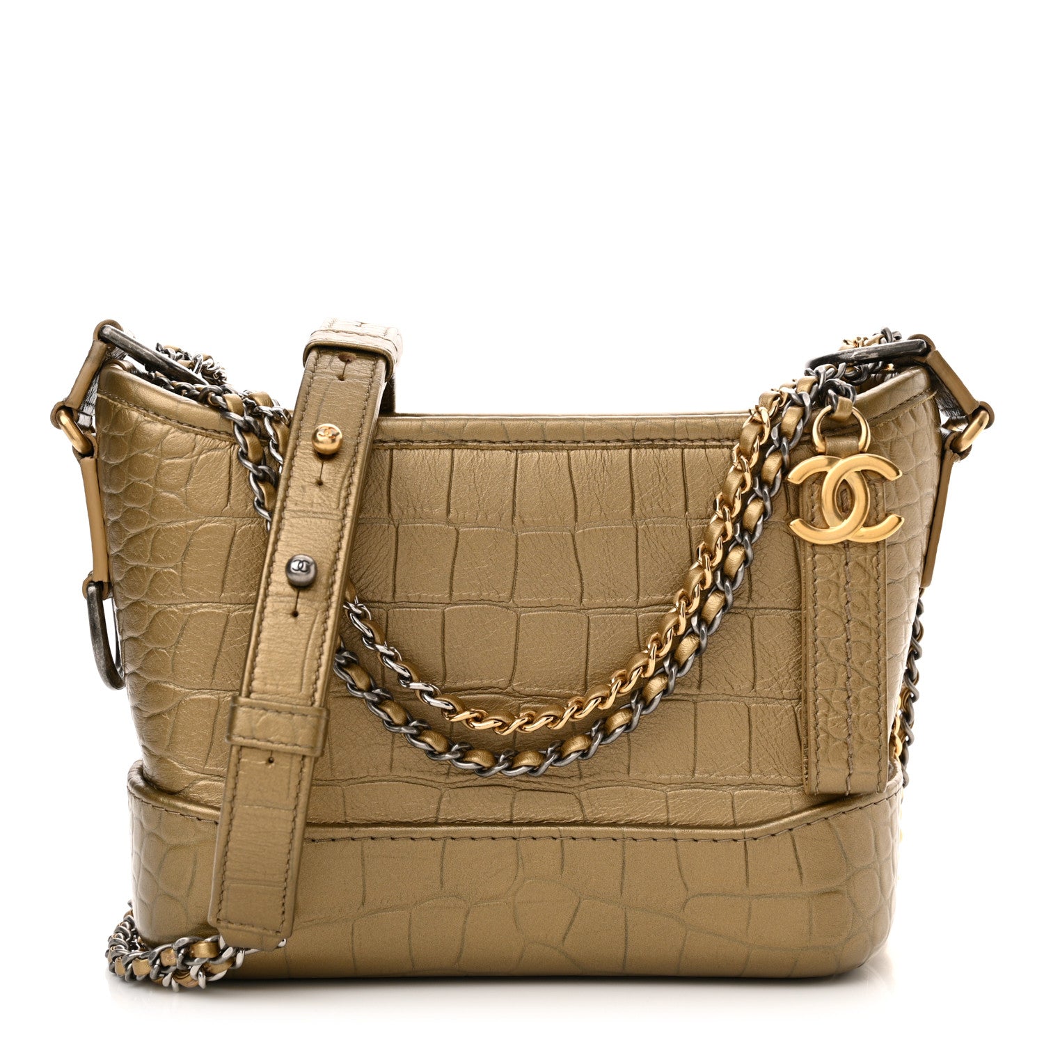 Chanel Metallic Calfskin Crocodile Embossed Cocodile Small Gabrielle Hobo Gold 1 of 11