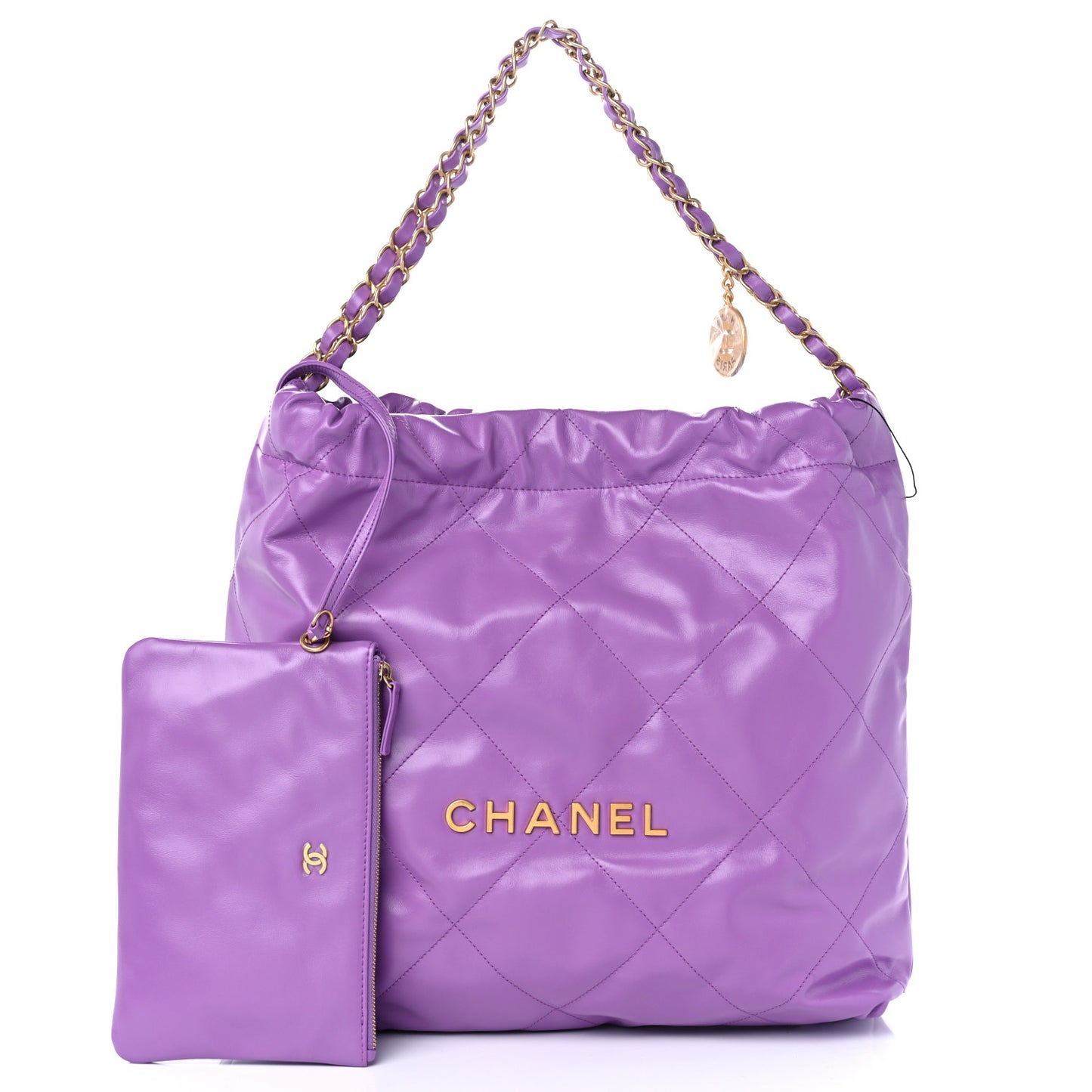 Shiny Calfskin Quilted Chanel 22 Drawstring Bag Purple