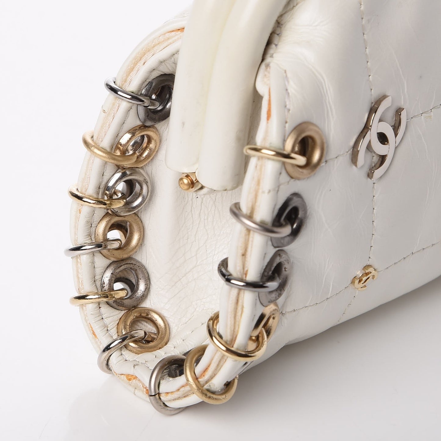 Calfskin Square Quilted Grommet Embellished Piercing Chic Clutch White