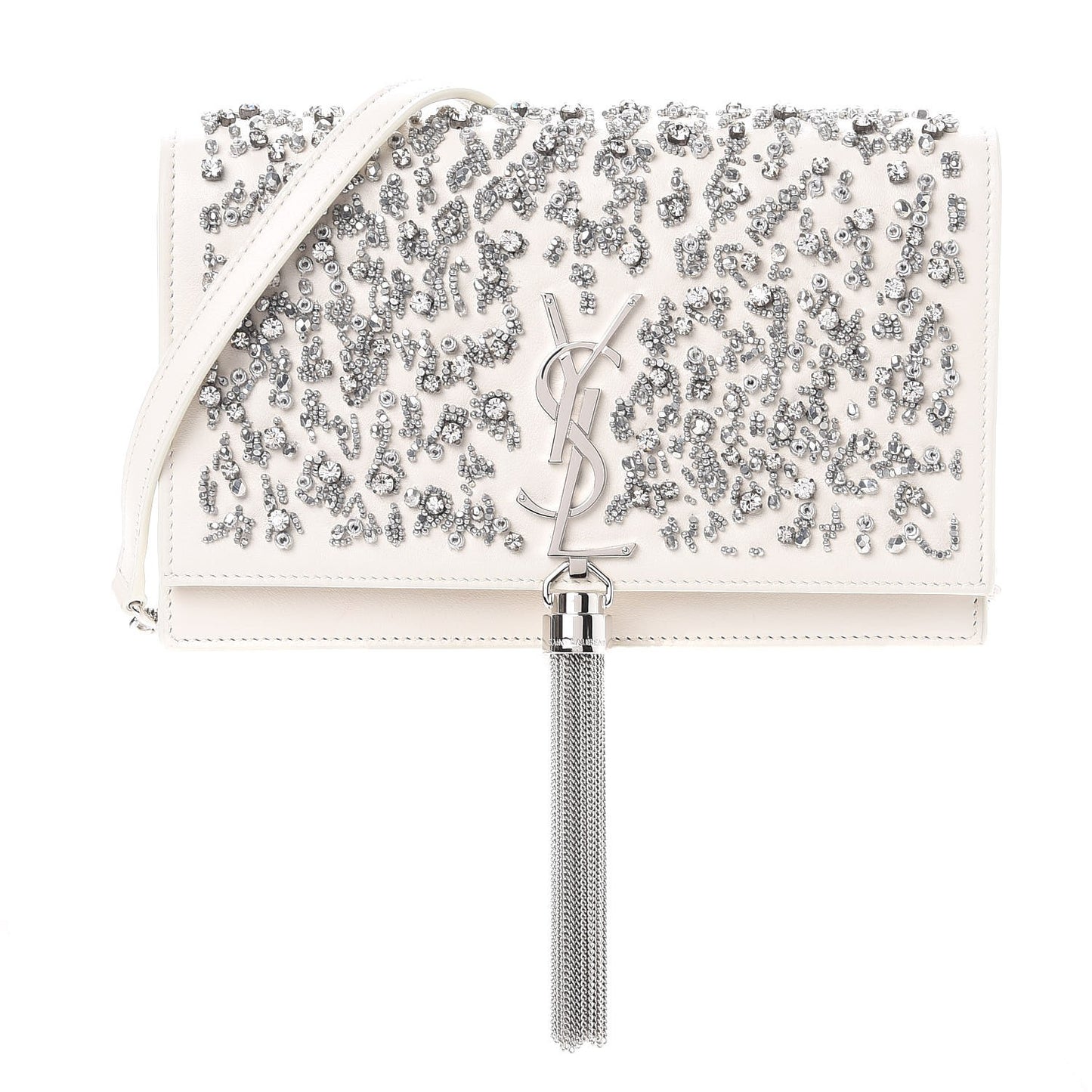Calfskin Bead Embellished Kate Monogram Tassel Chain Wallet White