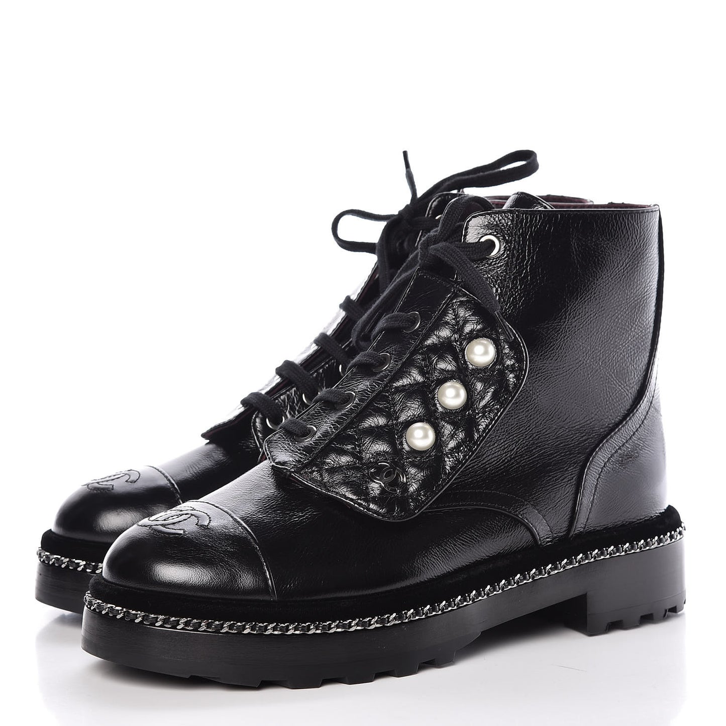 Crackled Calfskin Velvet Pearl Combat Short Boots 37.5 Black