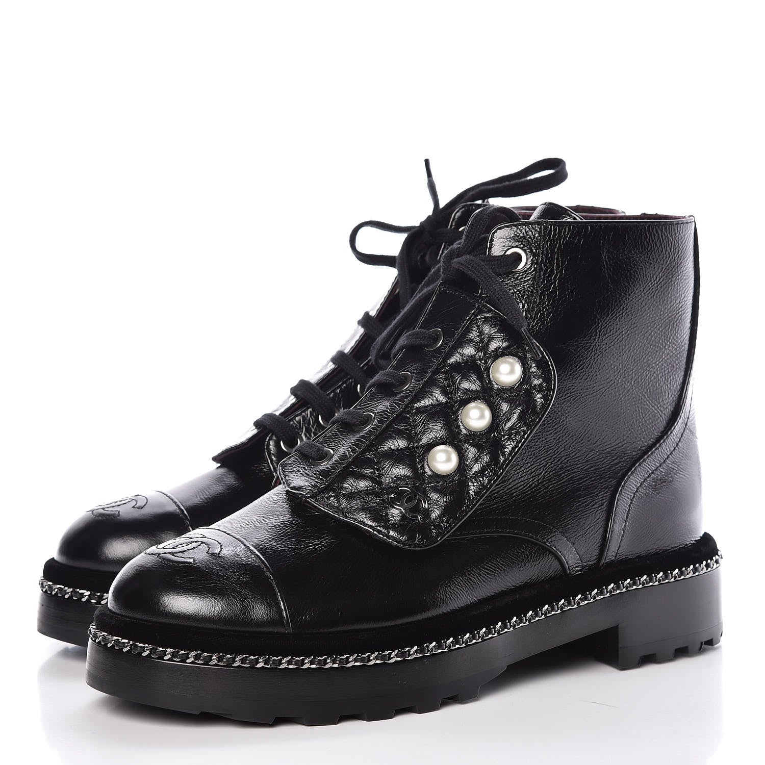 Chanel Crackled Calfskin Velvet Pearl Combat Short Boots 37.5 Black 3 of 9