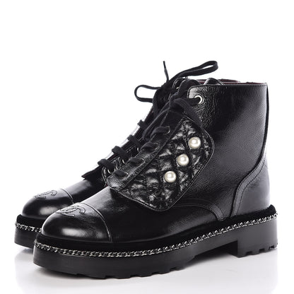 Chanel Crackled Calfskin Velvet Pearl Combat Short Boots 37.5 Black 3 of 9