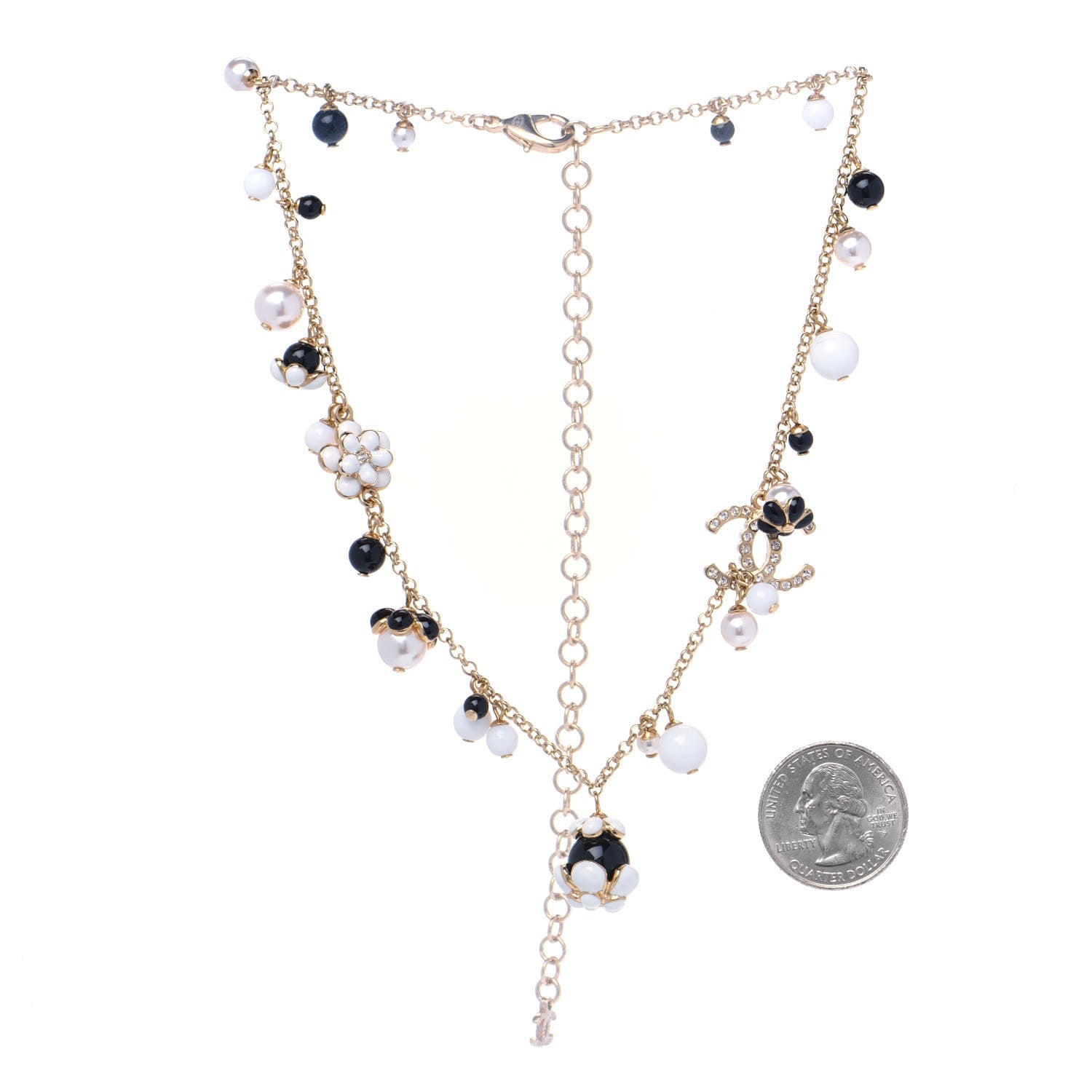 Chanel Pearl Crystal Bead CC Necklace Gold Black White 2 of 3
