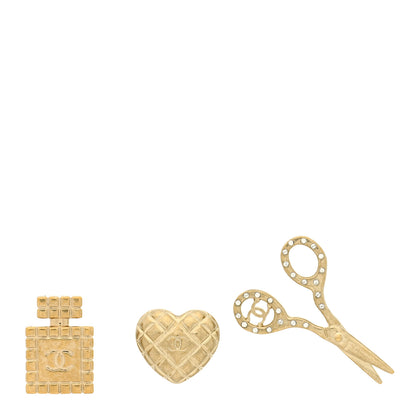 Chanel Metal Strass Crystal Quilted CC Heart Scissors Perfume Brooch Set Gold 1 of 3