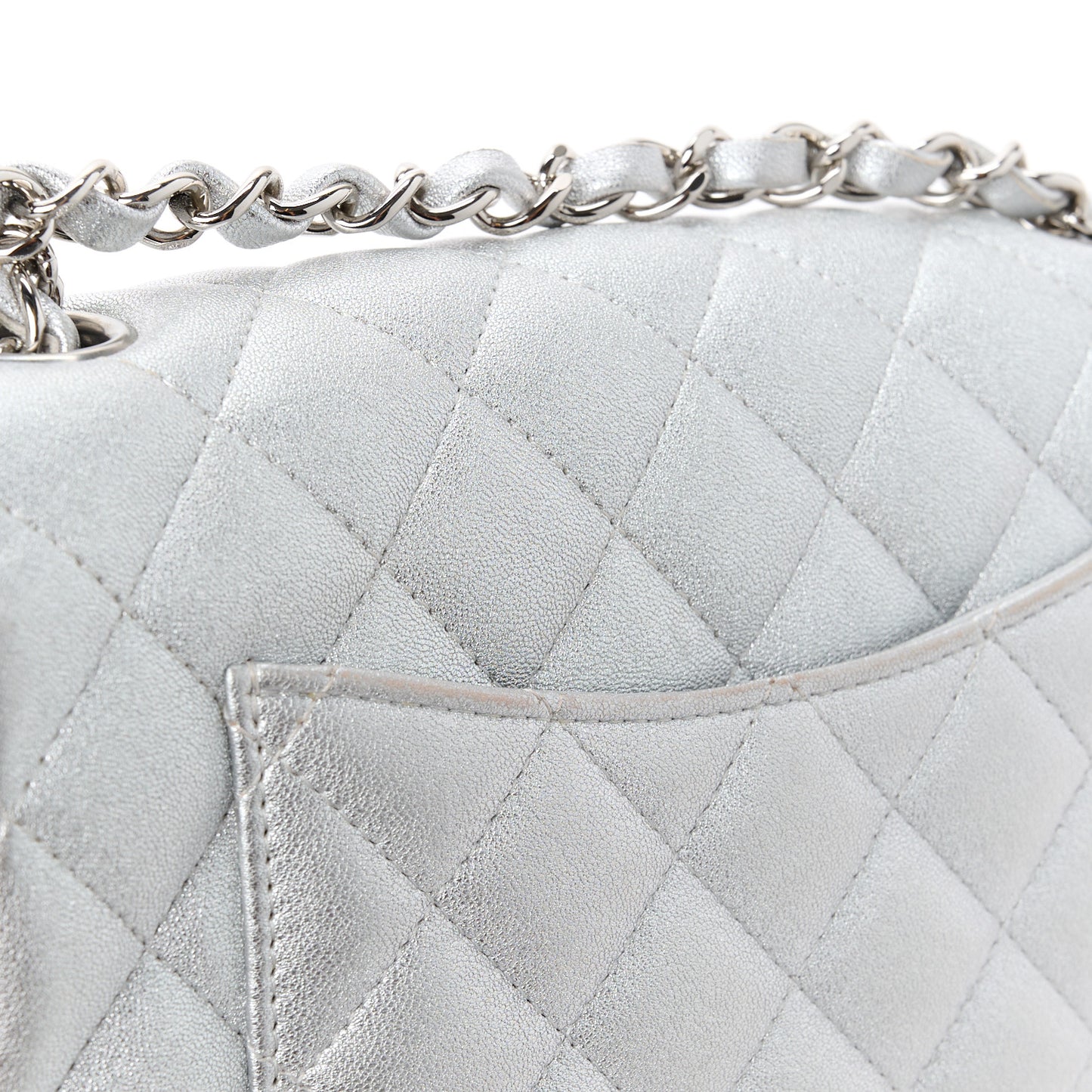 Metallic Lambskin Quilted Mini Rectangular Flap Silver