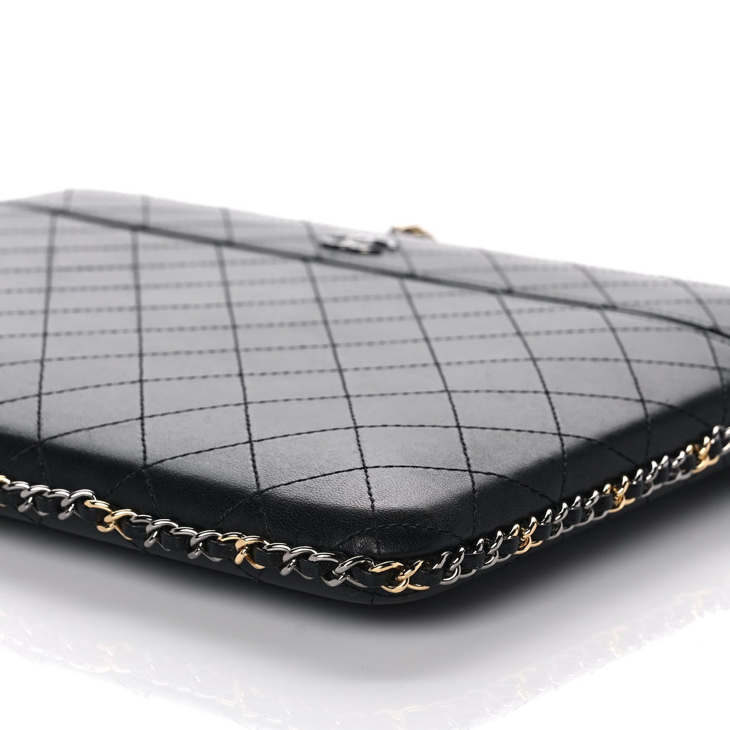 Lambskin Quilted Chain Around Tablet Holder Crossbody Black