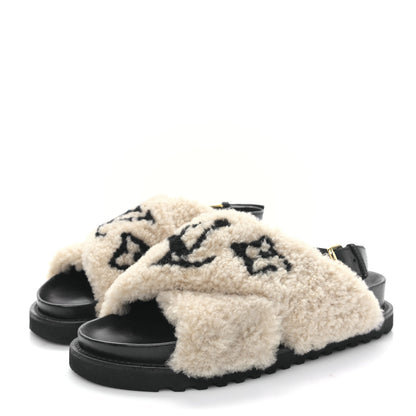 Louis Vuitton Shearling Calfskin Paseo Flat Comfort Sandal 37.5 Beige 3 of 7