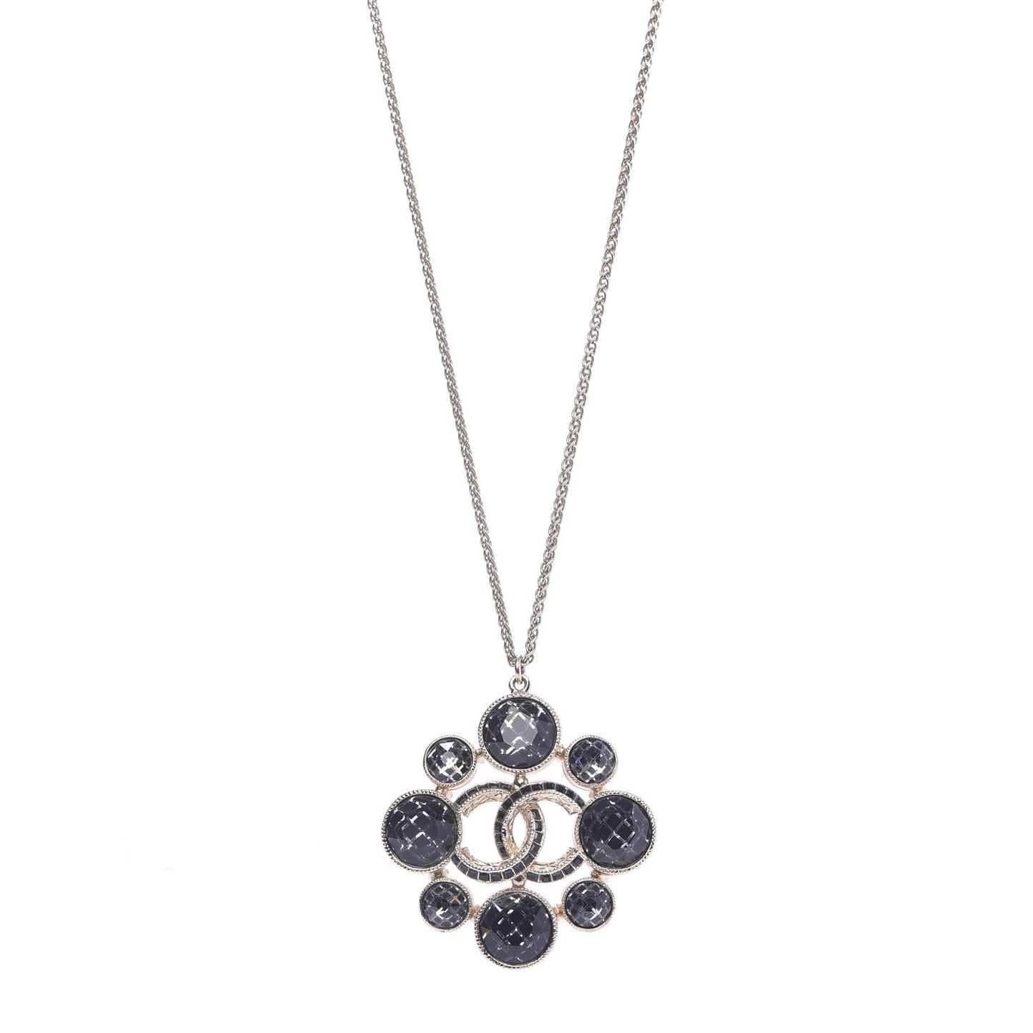 Gripoix Poured Glass Crystal CC Pendant Necklace Black Gold
