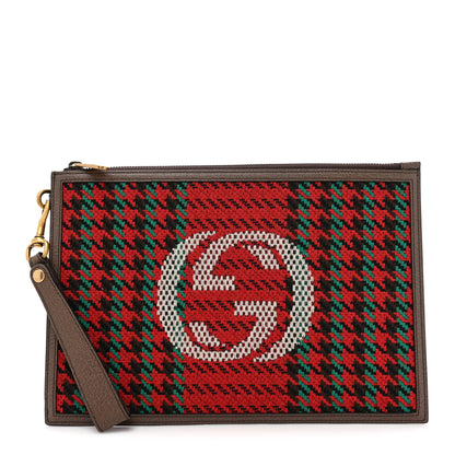 Gucci Wool Textured Calfskin Houndstooth Woven Zip Wristlet Pouch Red Green Ivory Multicolor New Acero 1 of 9