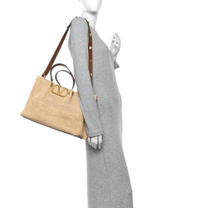 Valentino Garavani Raffia Grained Calfskin Medium Rockstud Vlogo Tote Naturale 2 of 11