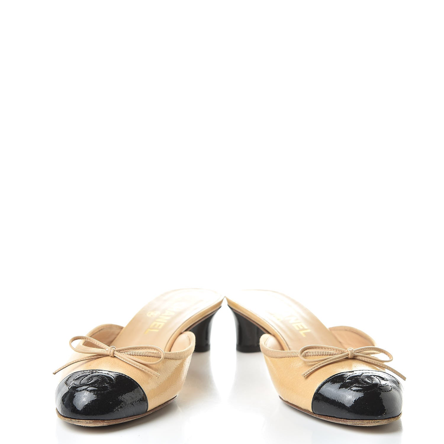 Chanel Lambskin Cap Toe CC Mules 37.5 Beige Black 5 of 14