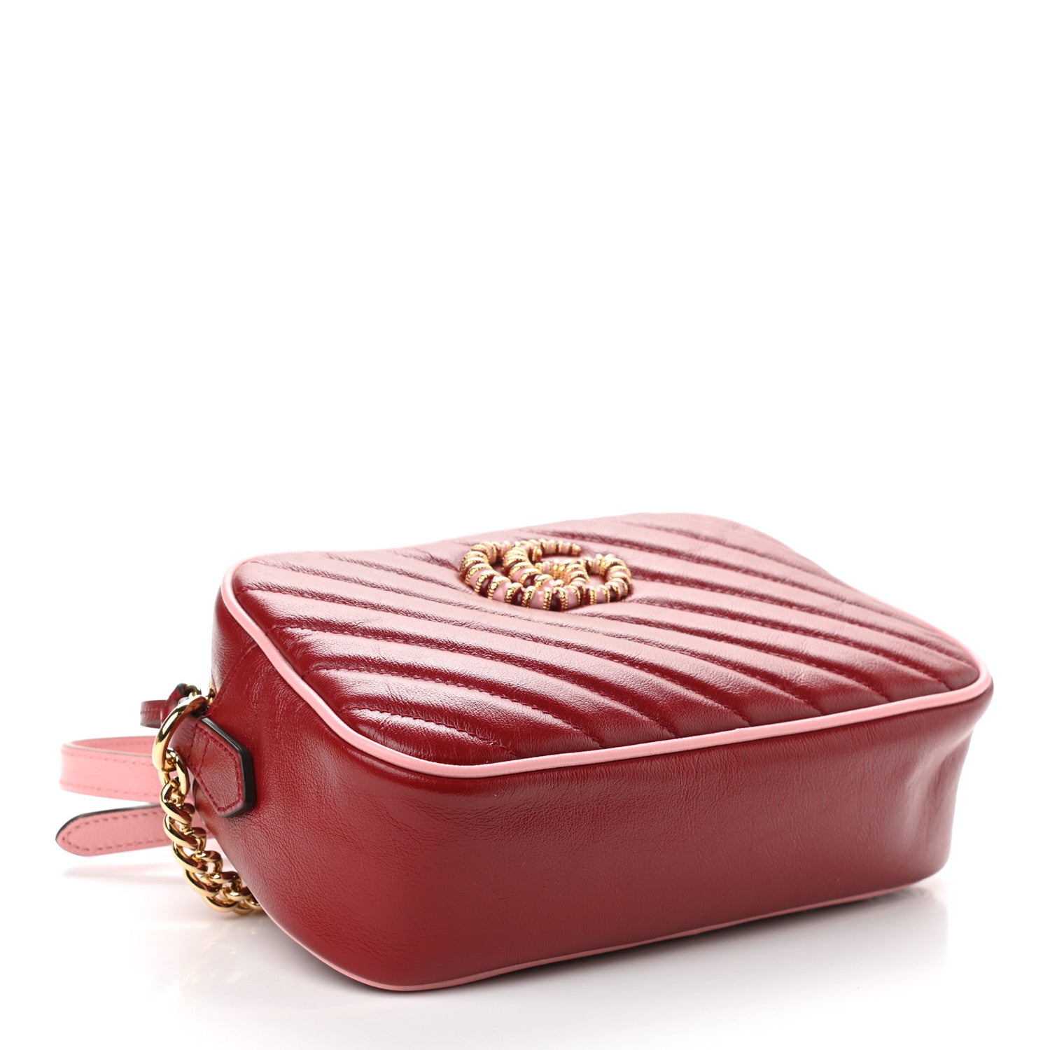 Gucci Azalea Calfskin Enamel Matelasse Diagonal Small Torchon GG Marmont Chain Shoulder Bag New Cherry Red Wild Rose 4 of 9