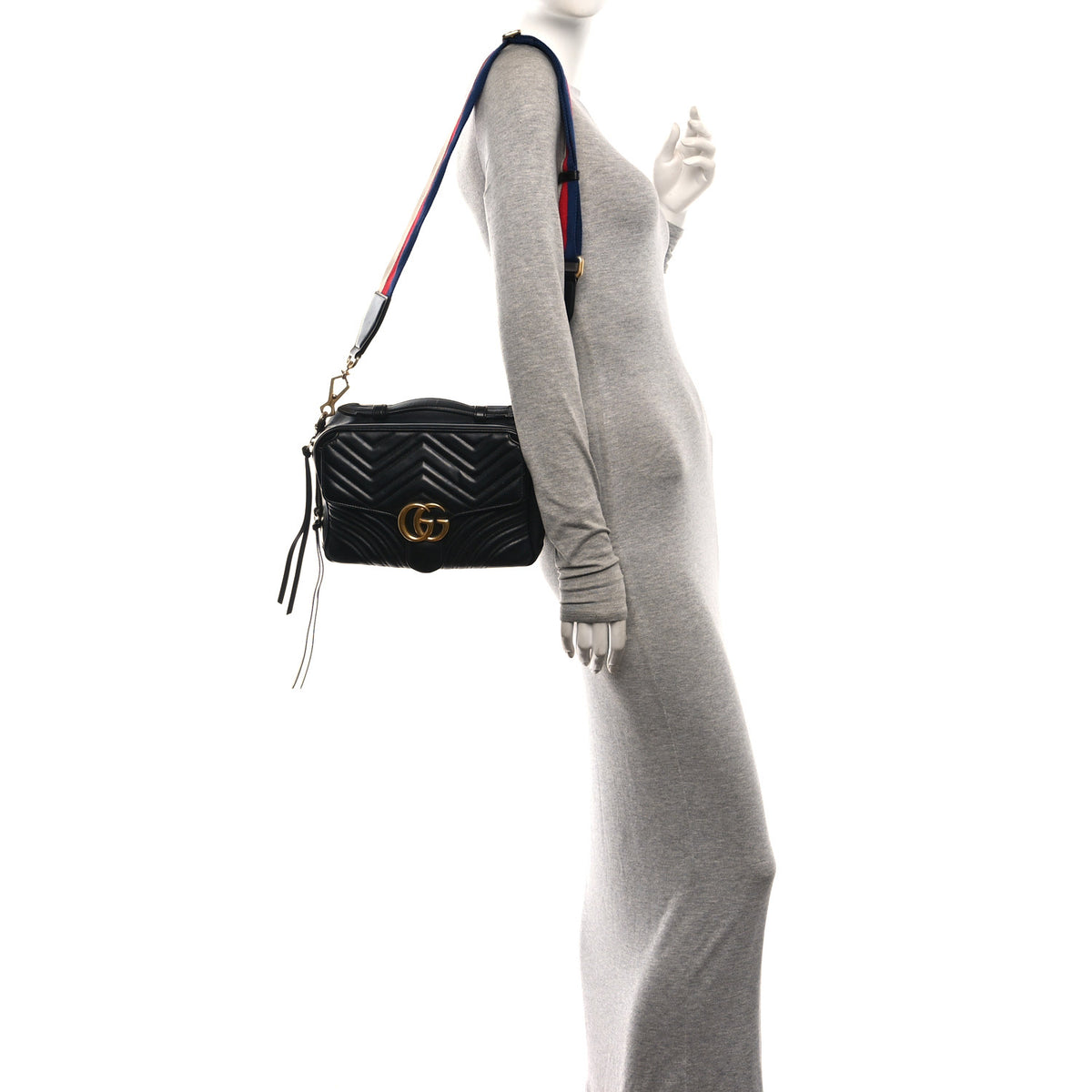 Calfskin Matelasse Sylvie Web Small GG Marmont Top Handle Shoulder Bag Black