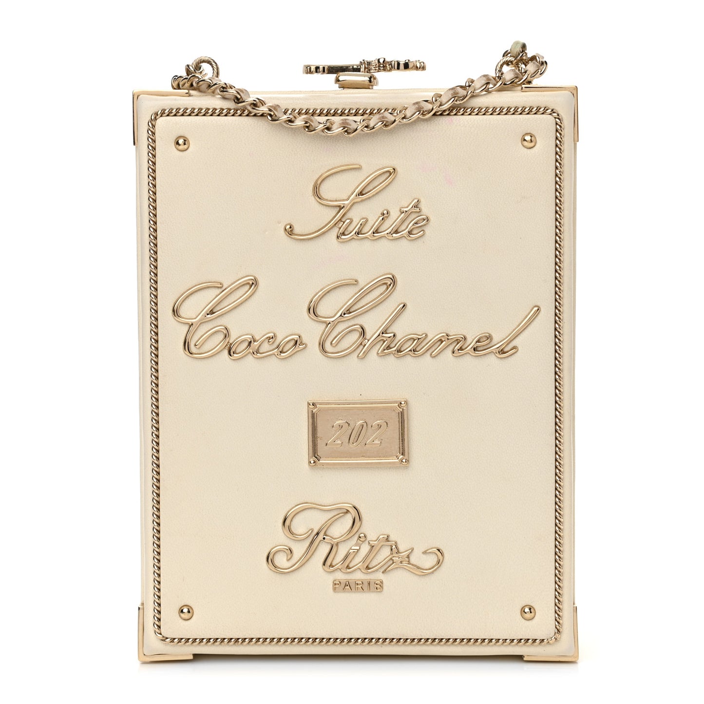 Lambskin Room Card Minaudiere Evening Bag White Gold