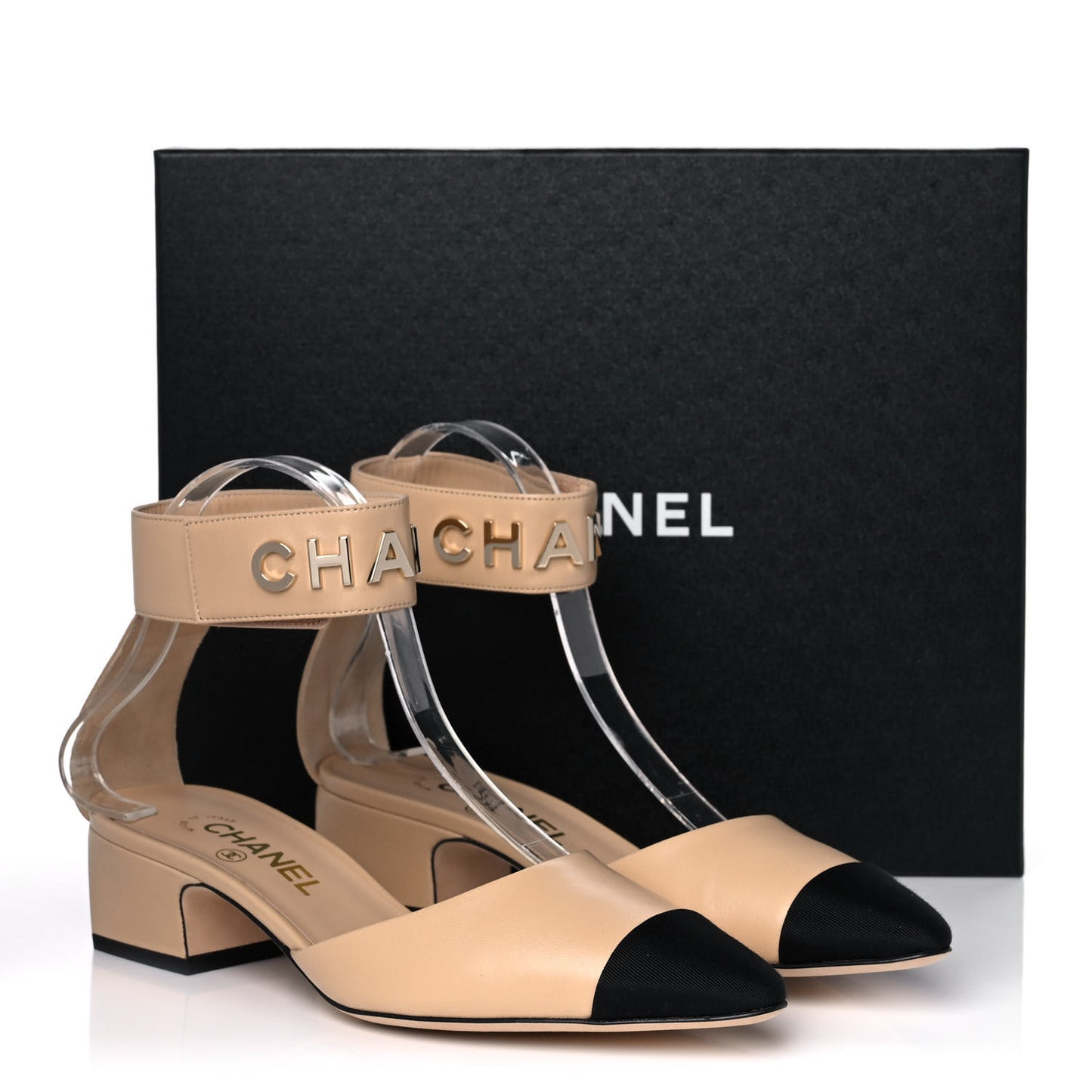 Lambskin Grosgrain Cap Toe Logo Ankle Strap Pumps 39 Beige Black