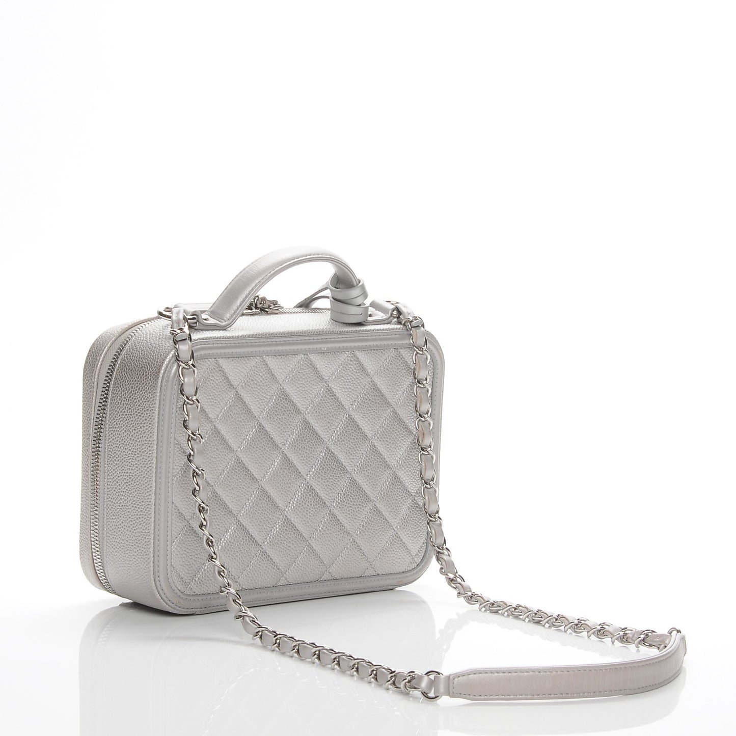 Metallic Caviar Quilted Medium CC Filigree Vanity Case Silver