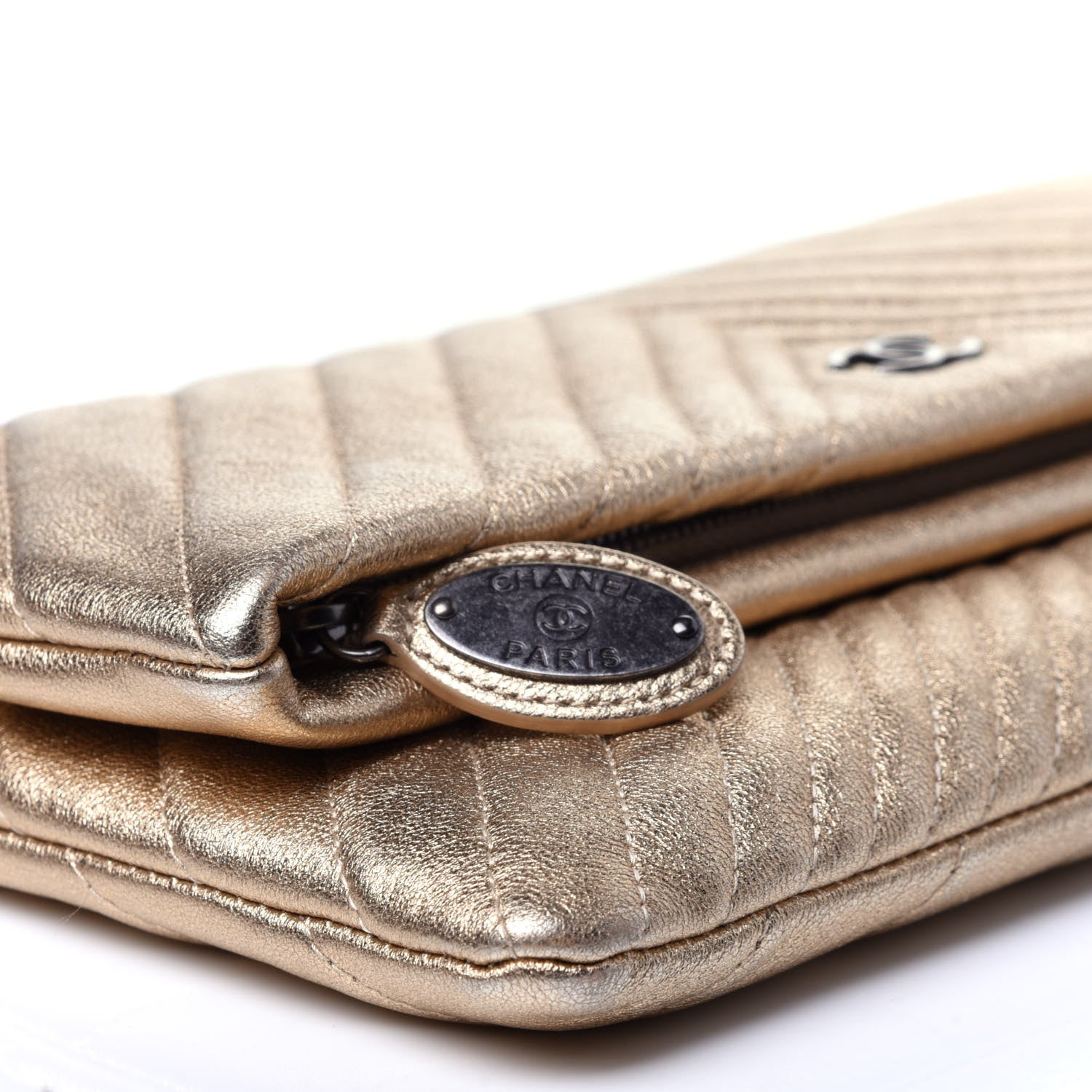 Chanel Metallic Calfskin Chevron Quilted CC Beauty Clutch Gold 6 of 11
