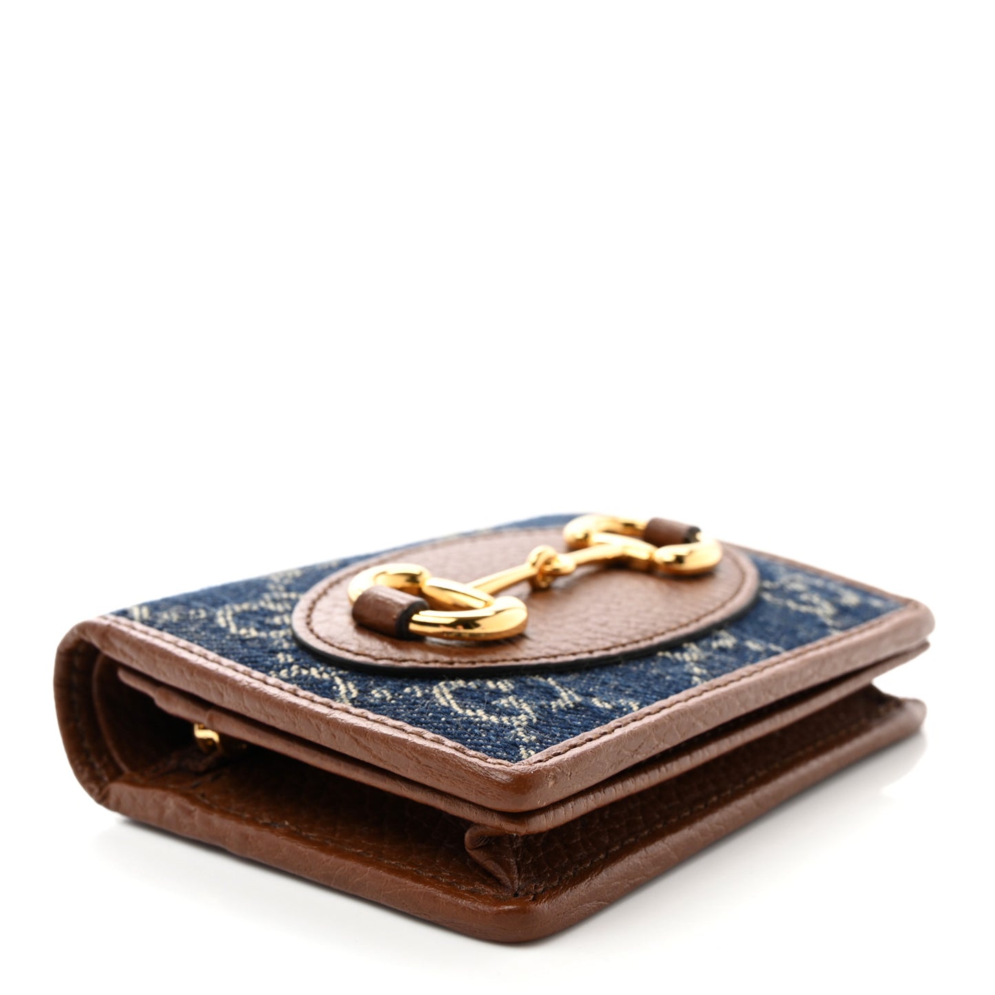 New Denim GG Monogram Dollar Calfskin Horsebit 1955 Card Case Wallet Blue Tea Cuir Epilog